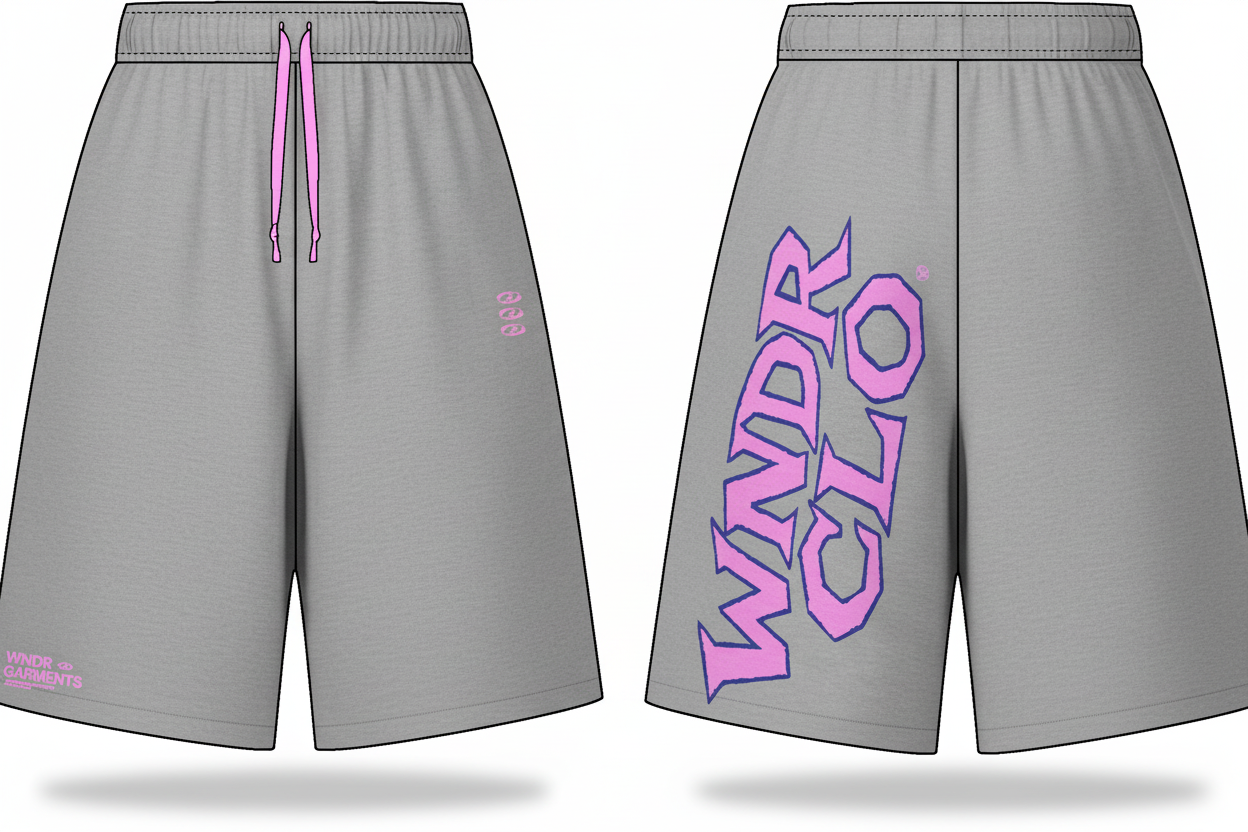 Gray shorts with pink drawstring and 'WNDER CLO' logo on a white background