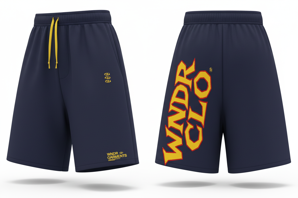 Navy shorts with yellow and orange 'WANDR GLO' branding on a white background